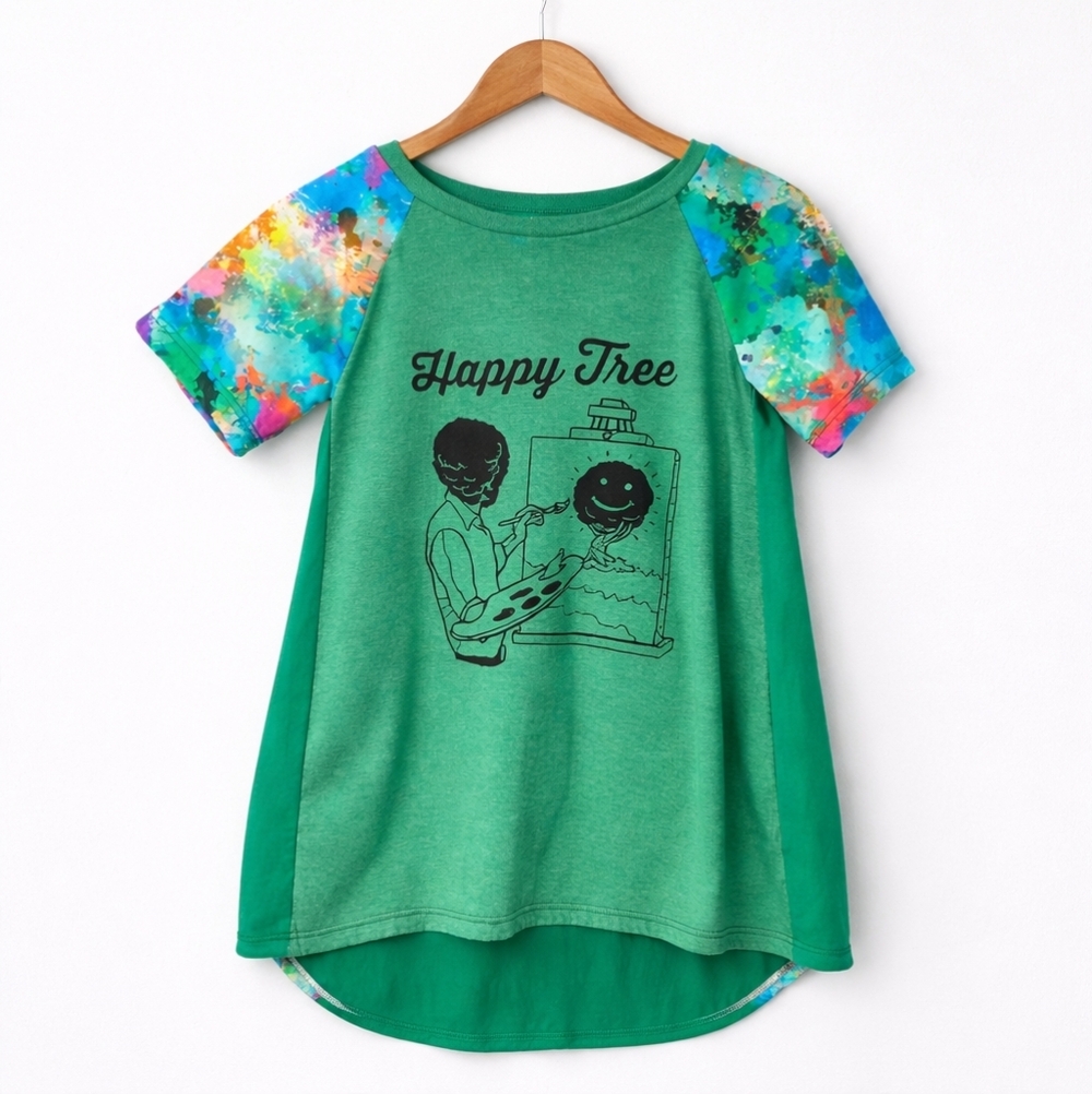 Bob Ross Happy Tree Graphic Tee Tie Dye Sleeve Top - Picture 1 of 9
